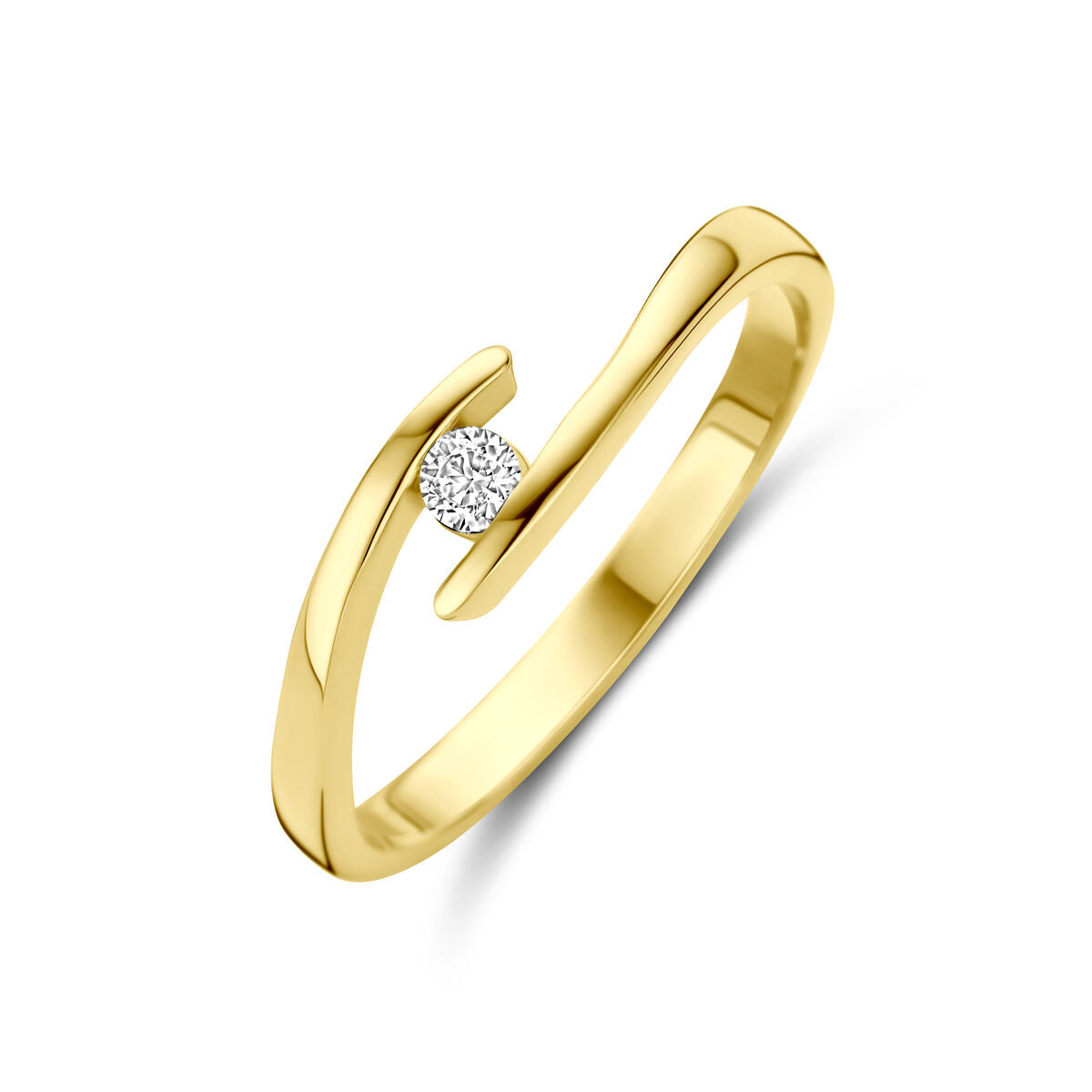 Anello in oro giallo 14K con zircone centrale, design moderno e linee fluide.