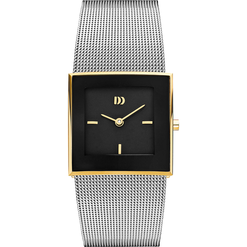 Orologio quadrato con cassa dorata, quadrante nero e cinturino in maglia rolò argentata.