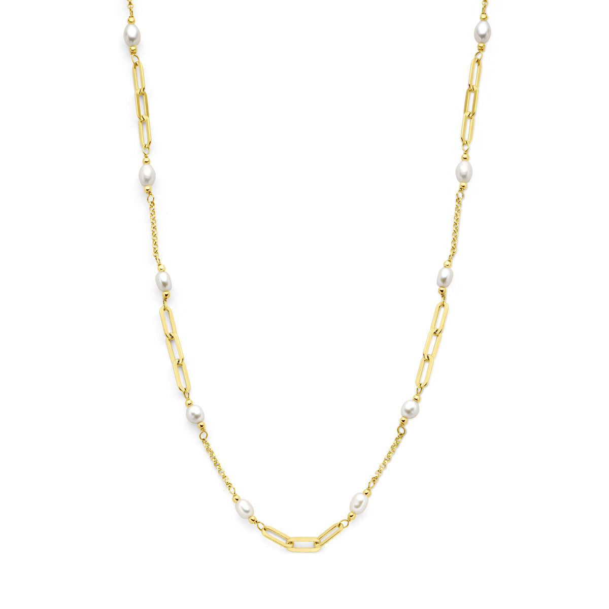 Collana dorata con perle, maglia rolò e dettagli in oro 3 micron.
