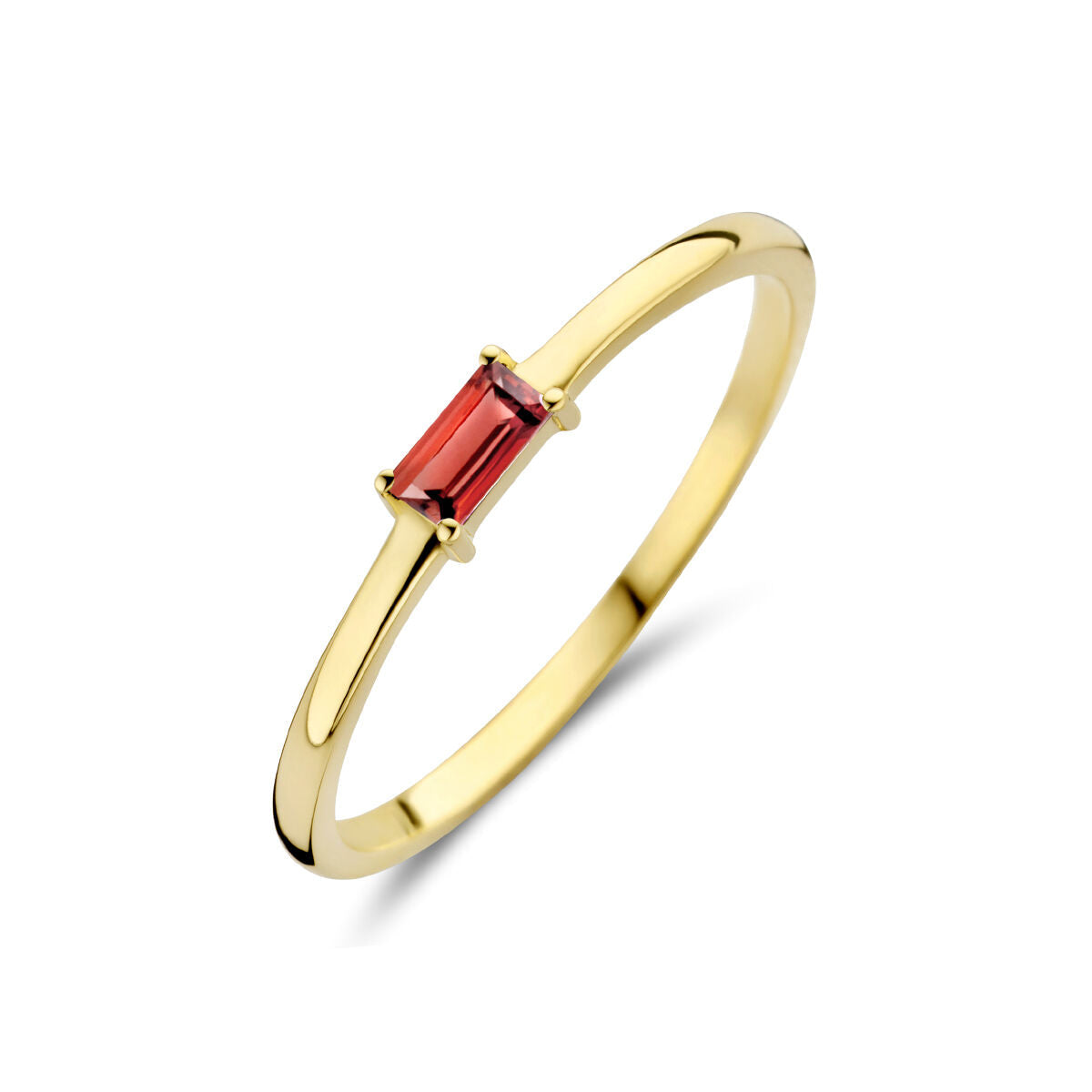 Anello in oro giallo 14K con pietra di nascita granato di gennaio, forma rettangolare.