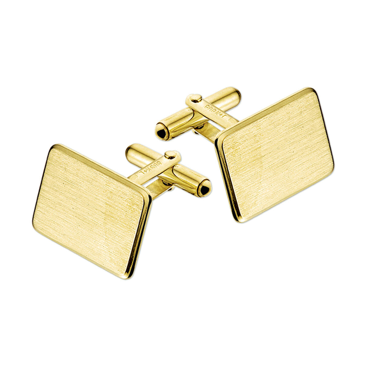 Gemelli in oro giallo 14K con finitura lucida e opaca, forma rettangolare e dettagli diamantati.