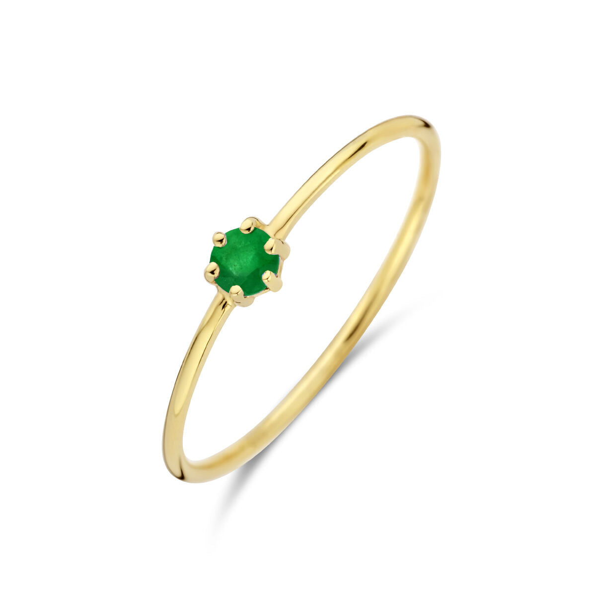 Anello in oro giallo 14K con smeraldo, pietra di nascita di maggio, design semplice.