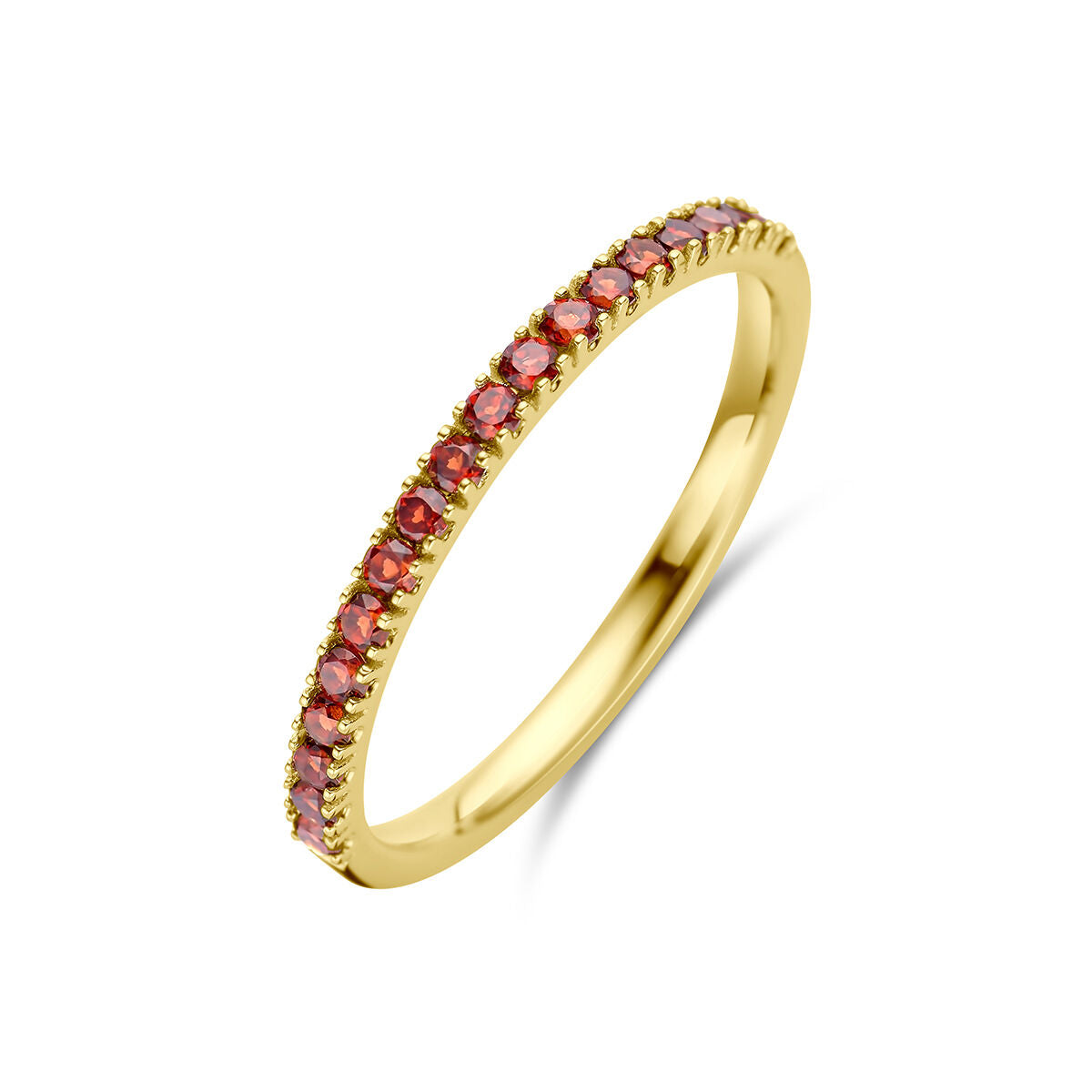 Anello in oro giallo 14K con pietre di nascita granato di gennaio, decorato con gemme rosa.