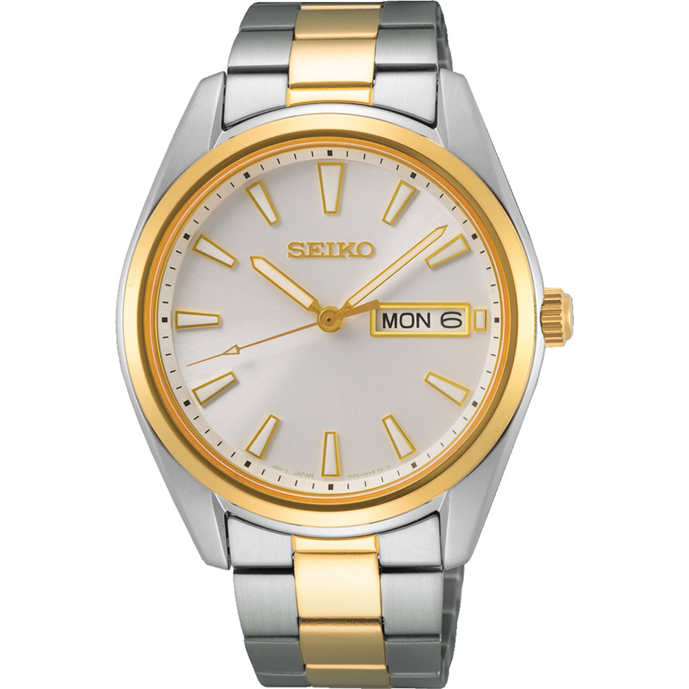 Orologio da uomo Seiko con cassa argentata e dorata, quadrante argentato, bracciale in acciaio inox bicolore.