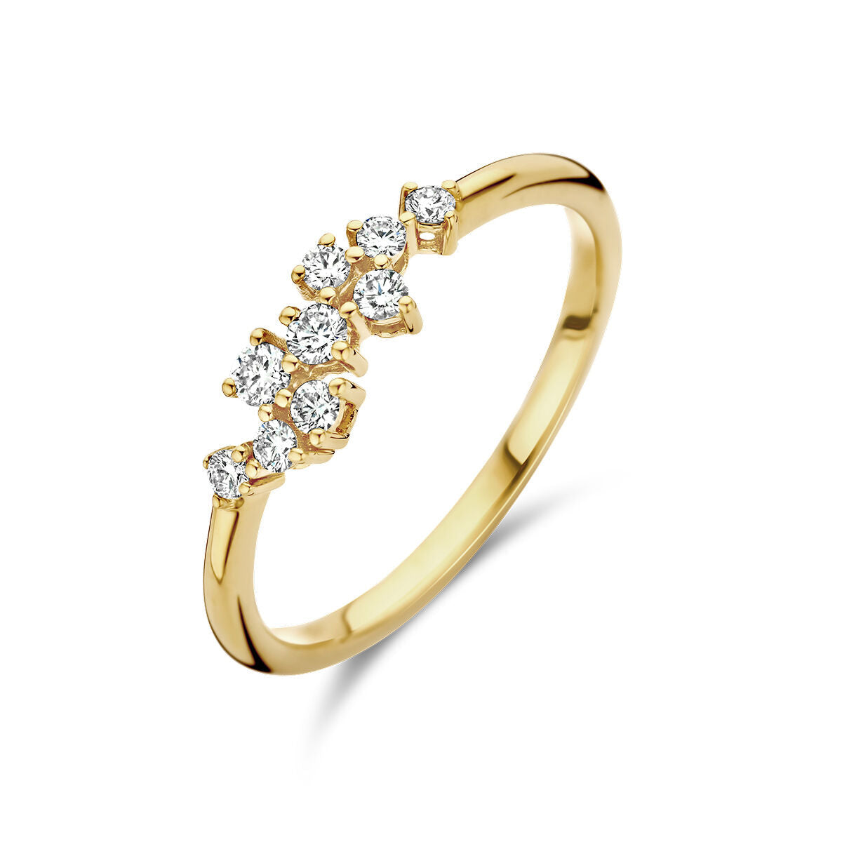 Anello in oro giallo 14K con diamanti da 0,21 ct, design a spirale con sette pietre.