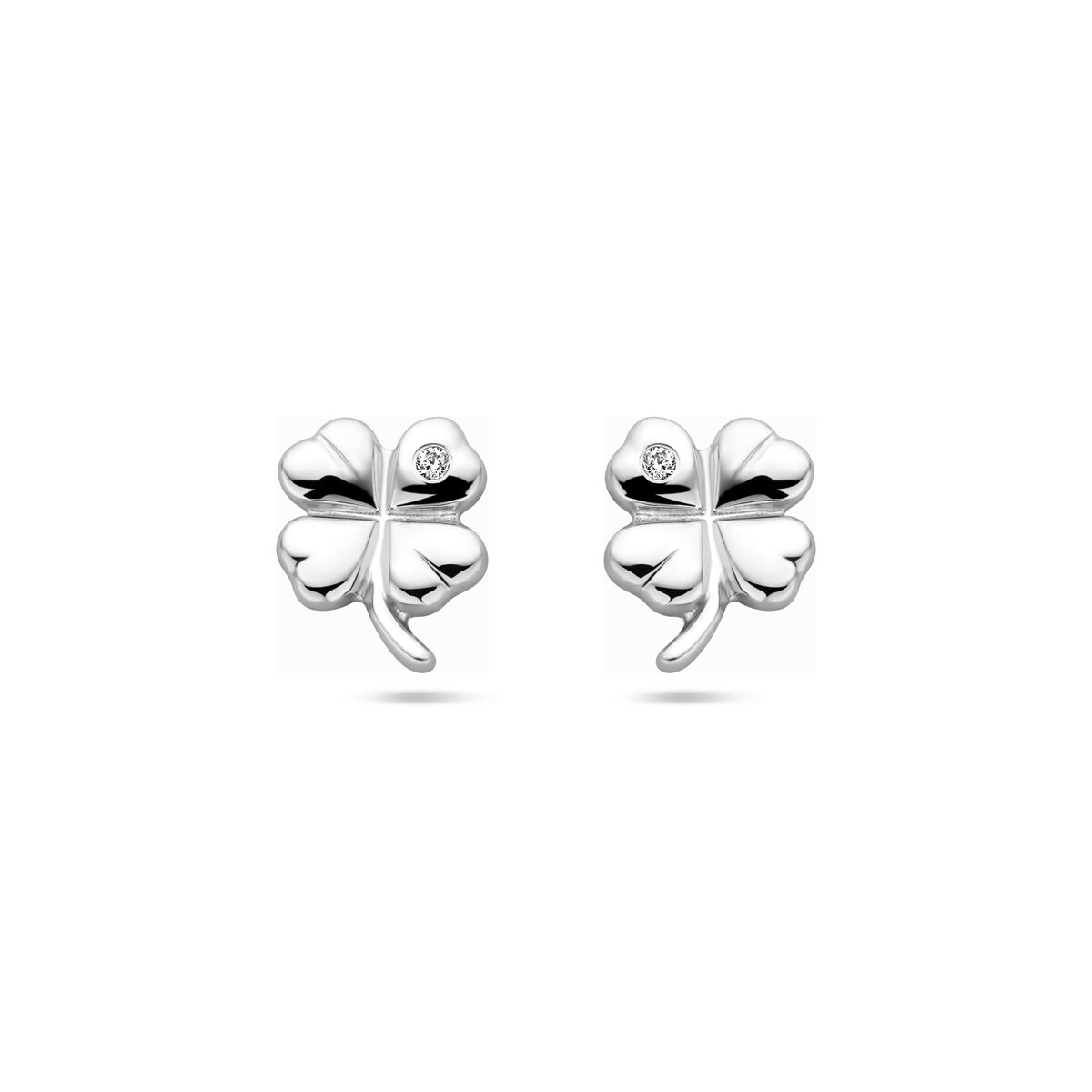 Orecchini a forma di quadrifoglio in argento rodiato con zircone.