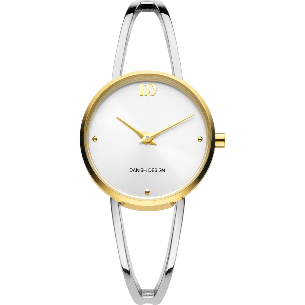 Orologio con cassa dorata e quadrante bianco, cinturino in metallo argentato.