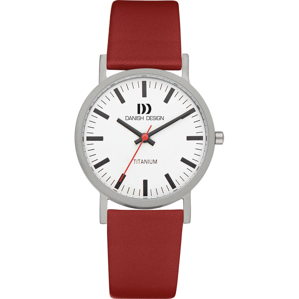 Orologio da uomo con quadrante bianco, cassa in titanio e cinturino rosso.