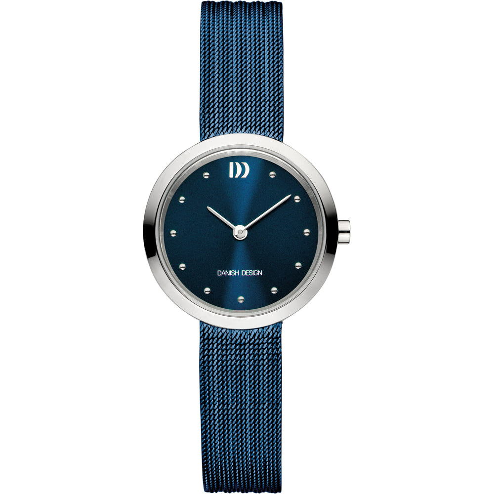 Orologio con cassa argentata, quadrante blu e cinturino in maglia rolò blu.