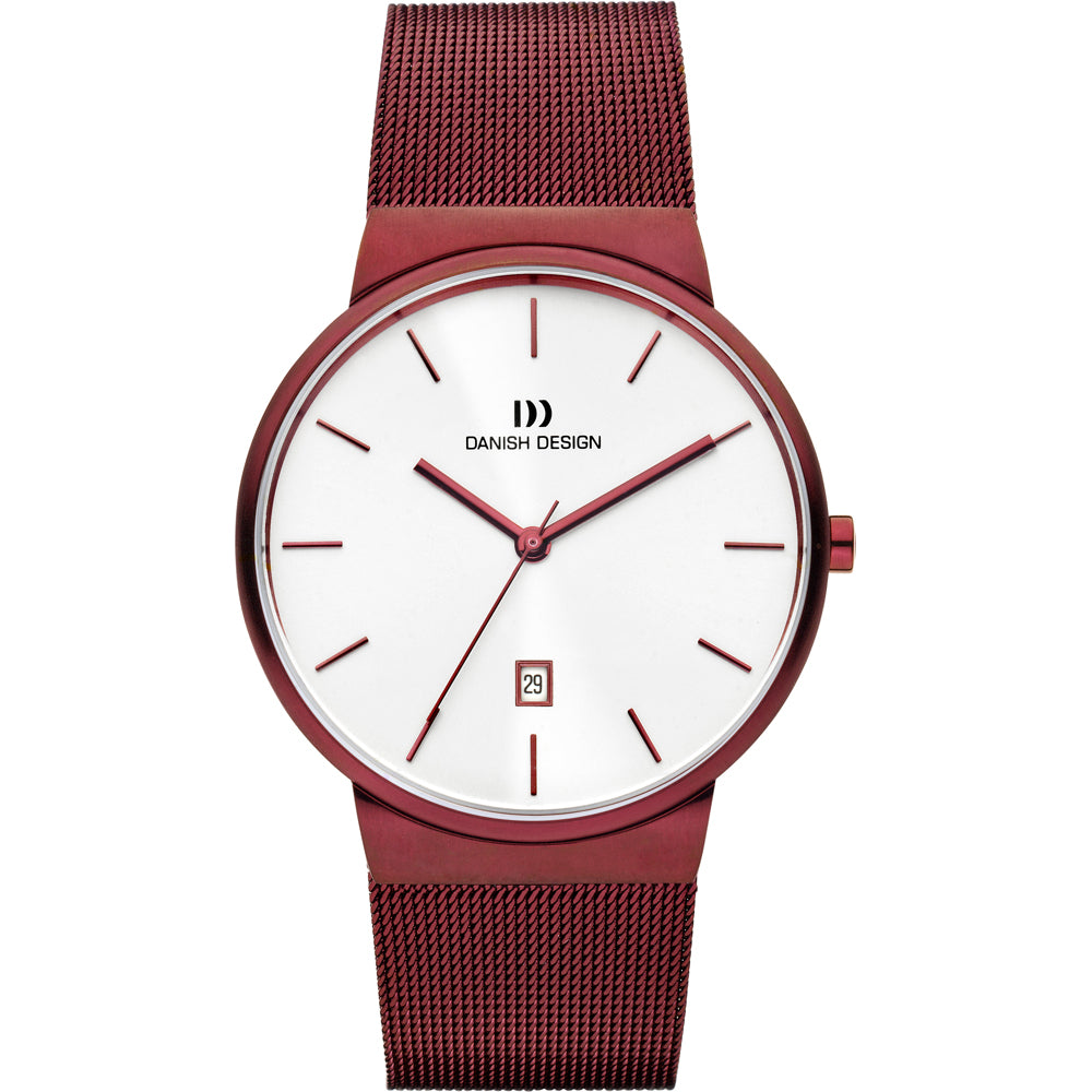 Orologio con cassa rossa e quadrante bianco, cinturino in maglia rossa e datario.