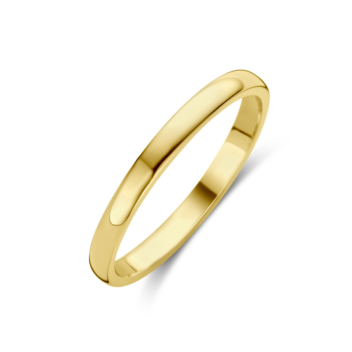anello impilabile in oro giallo 14K, forma sottile e liscia.