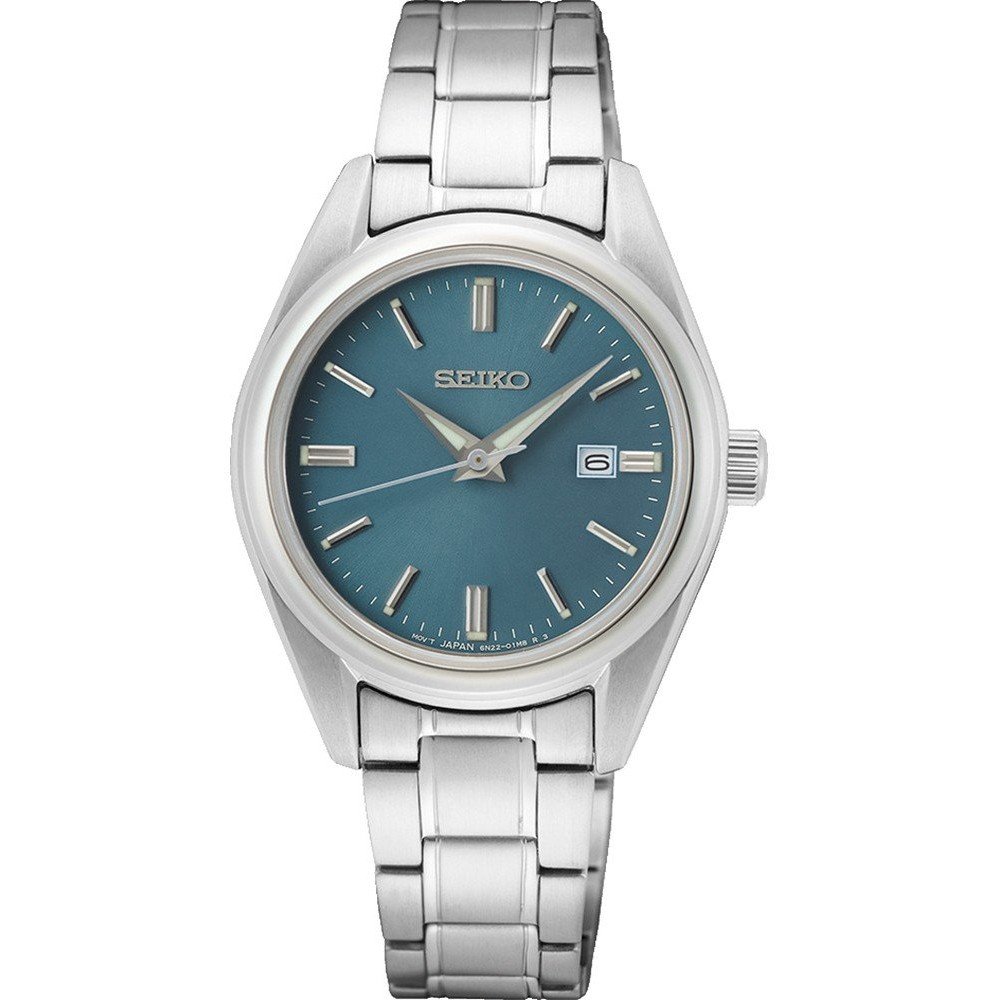 Orologio da donna Seiko con cassa argentata, quadrante blu e bracciale in acciaio inox.