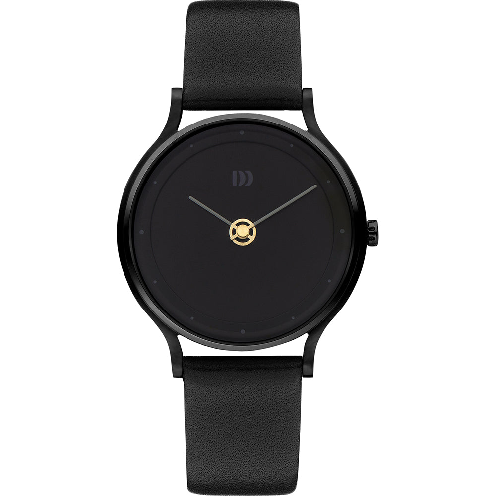 Orologio con cassa nera, quadrante nero e cinturino in pelle nera.