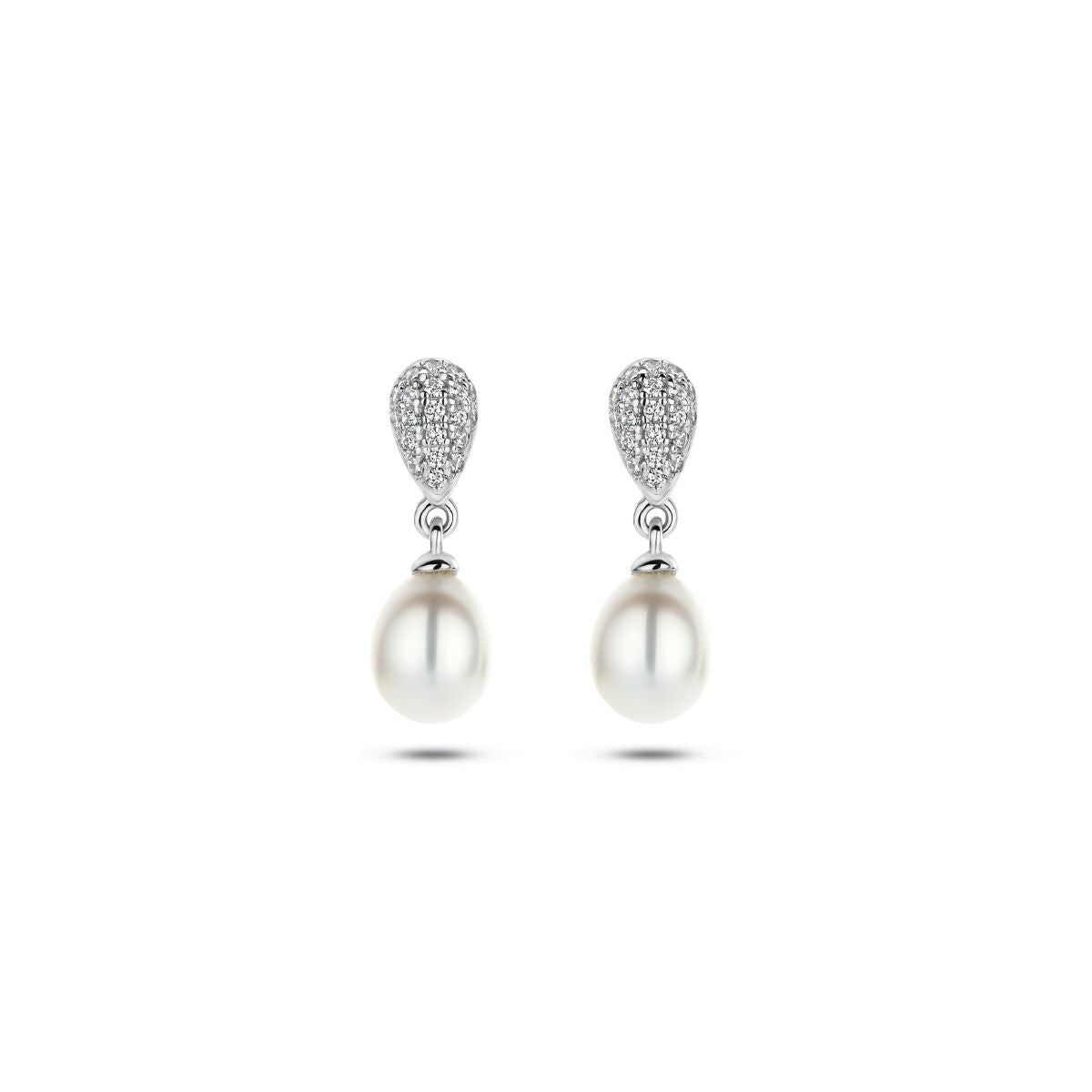 Orecchini pendenti in argento rodiato con perla e zirconi.