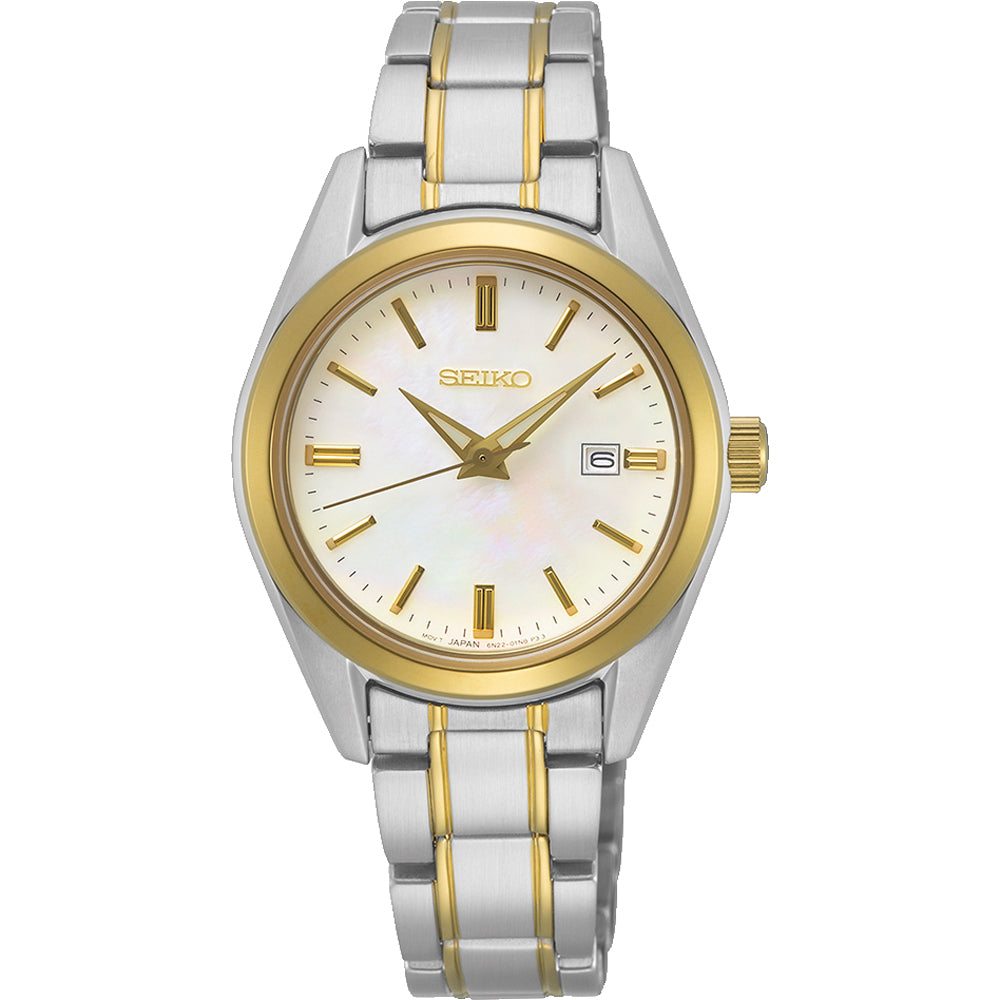 Orologio da donna Seiko con cassa argentata e dorata, quadrante madreperla e bracciale in acciaio.