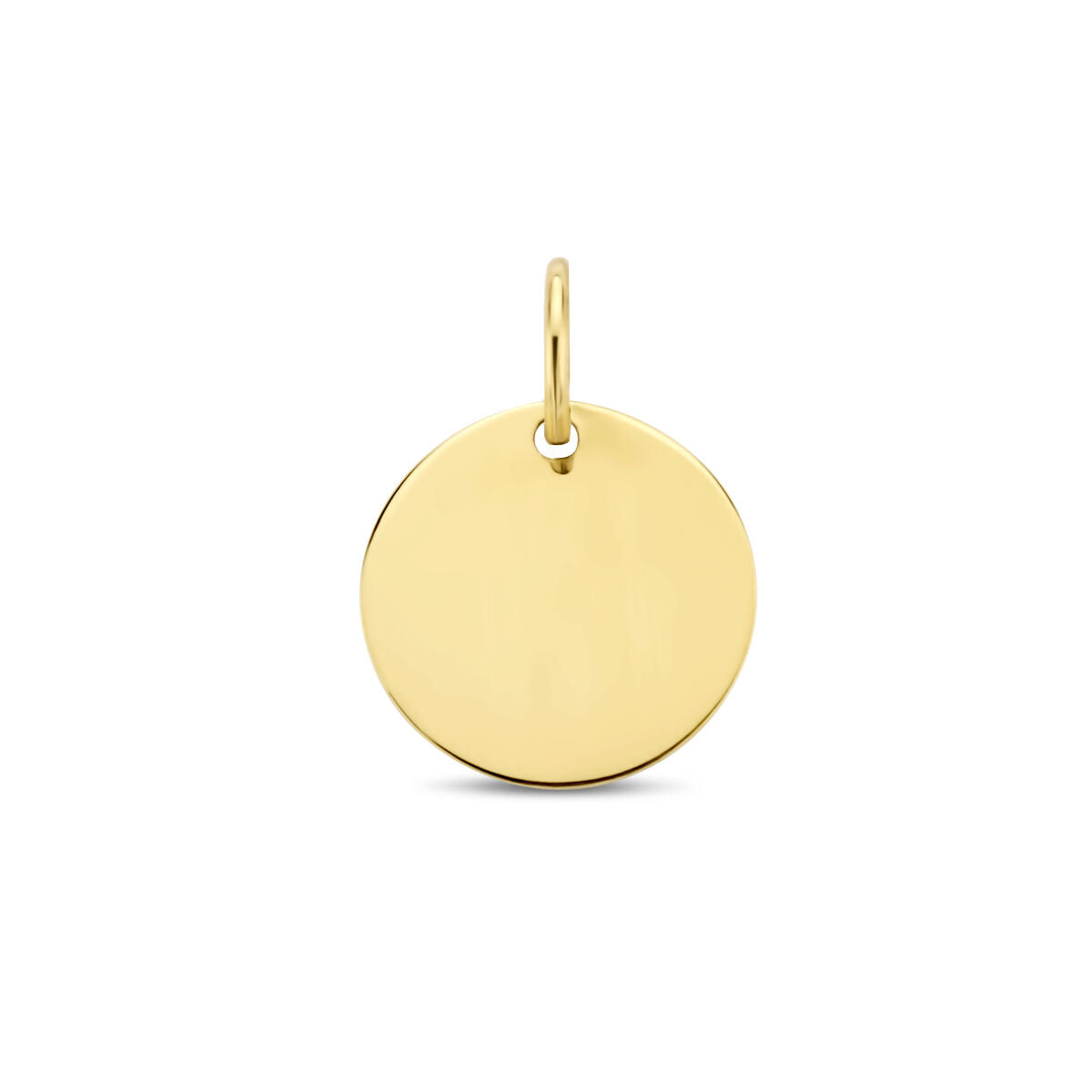 Ciondolo rotondo in oro giallo 14K, superficie liscia e lucida, adatto per incisione.