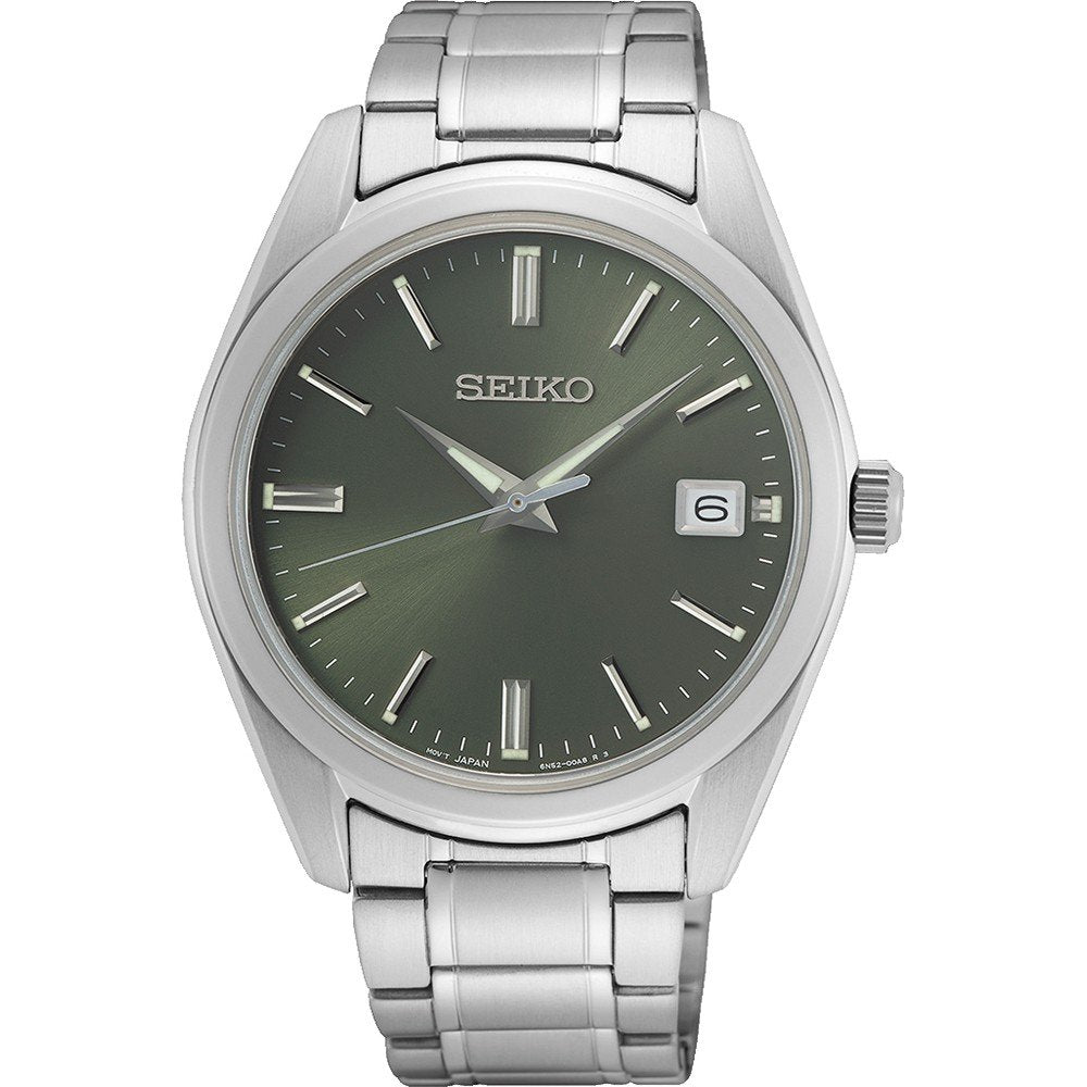 Orologio da uomo Seiko con cassa argentata, quadrante verde e bracciale in acciaio inox.