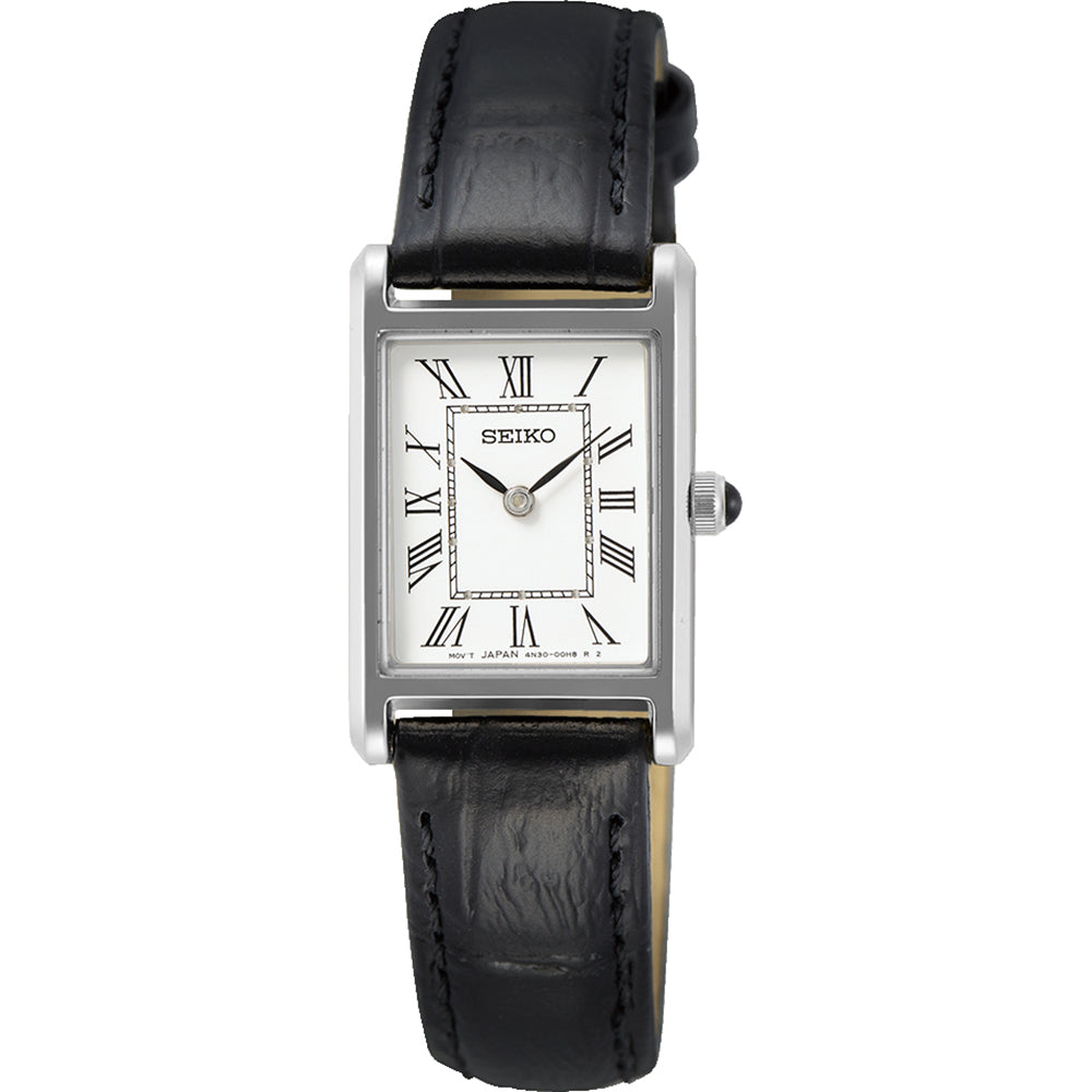 Orologio da donna Seiko con cassa rettangolare argentata, quadrante bianco e cinturino in pelle nera.