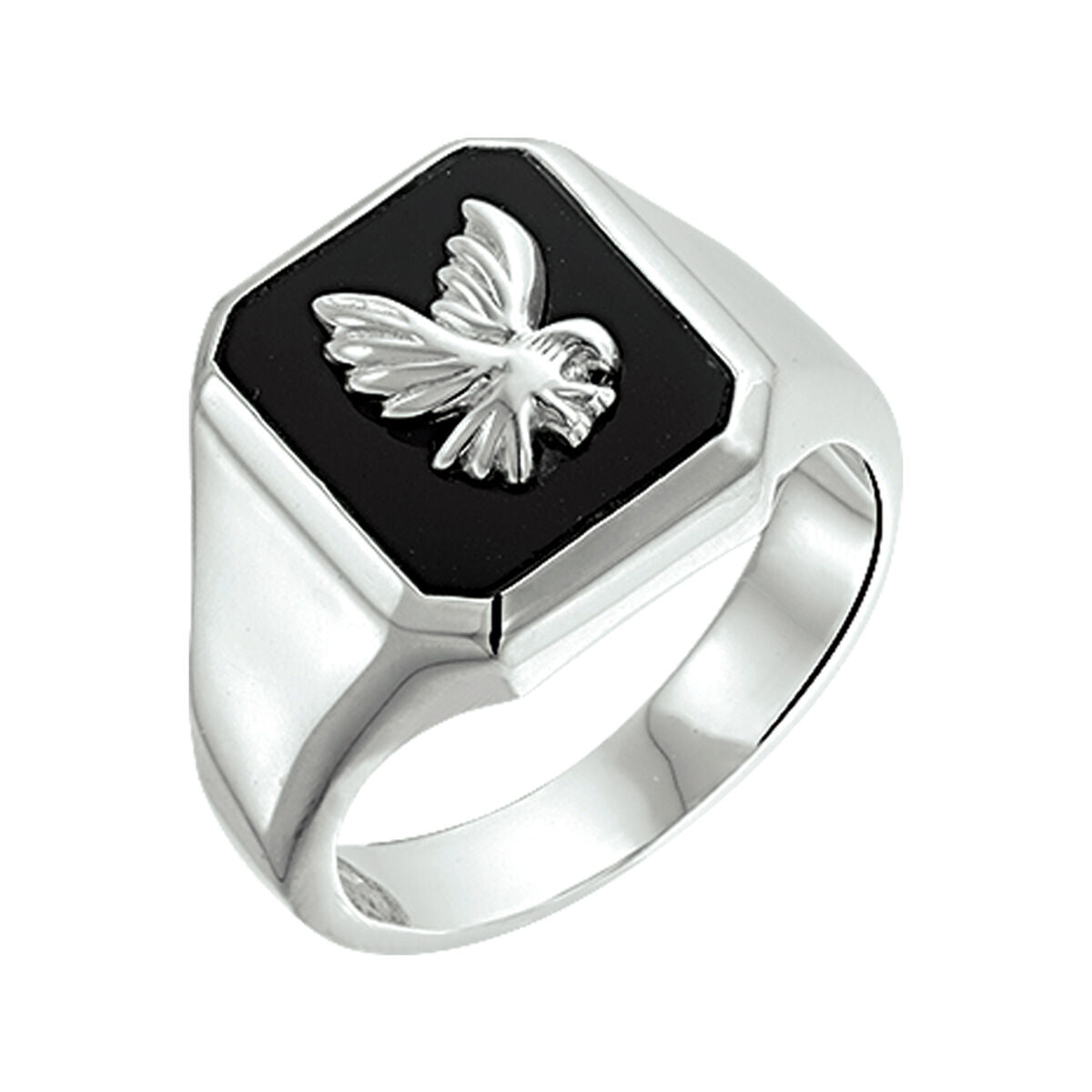 Anello con sigillo in argento bianco massiccio con incisione di un'aquila su onice nero.