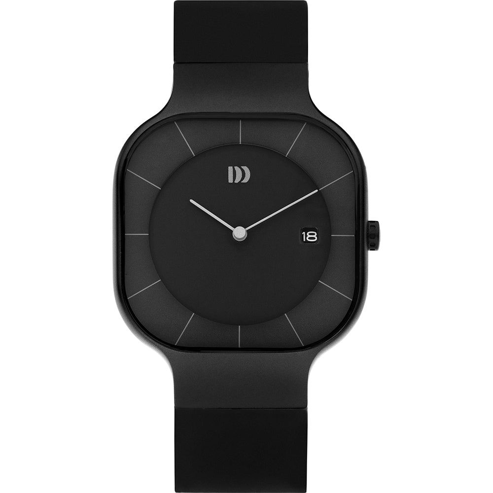 Orologio quadrato con cassa nera, quadrante nero e cinturino in silicone nero.