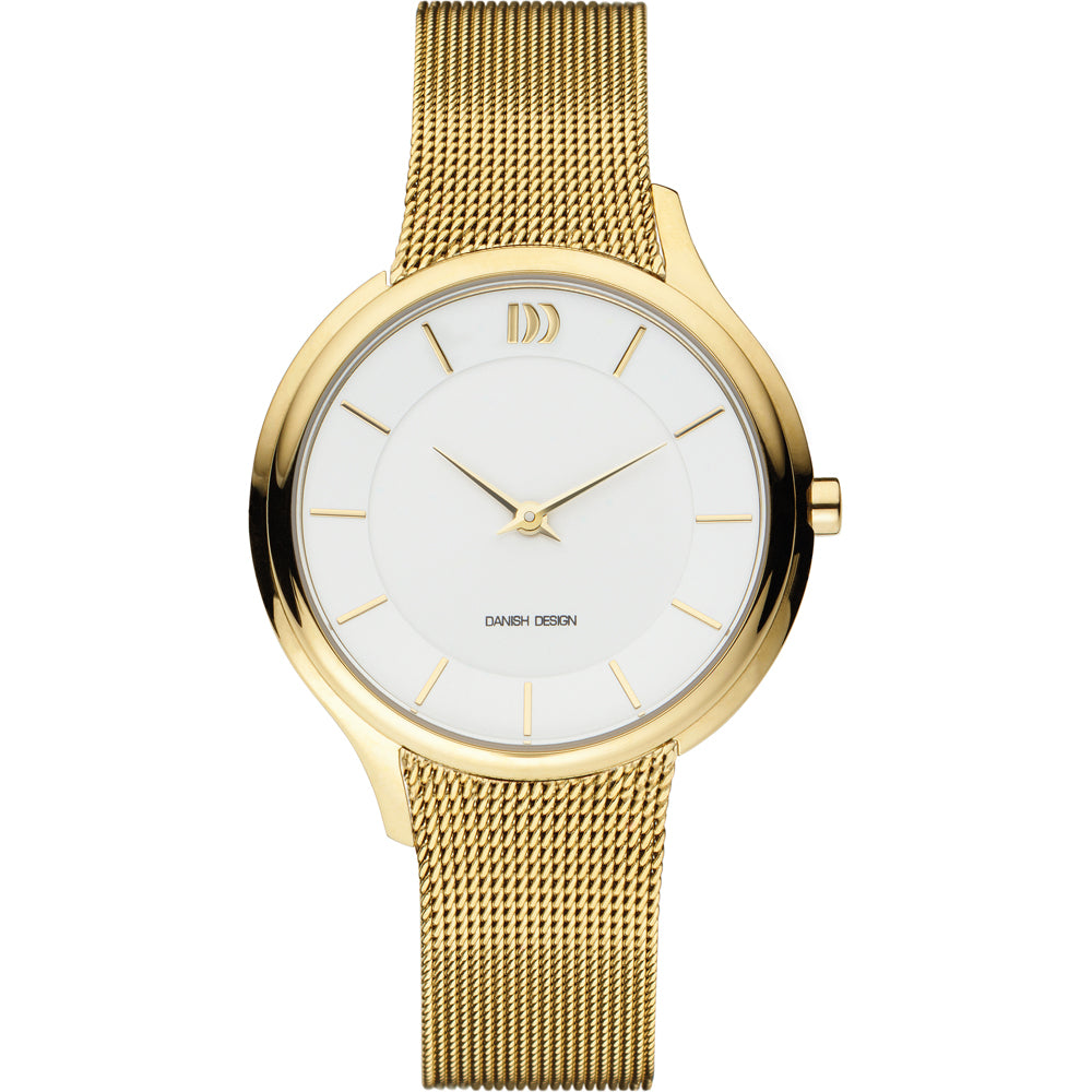 Orologio con cassa dorata, quadrante bianco e cinturino in maglia rolò dorata.