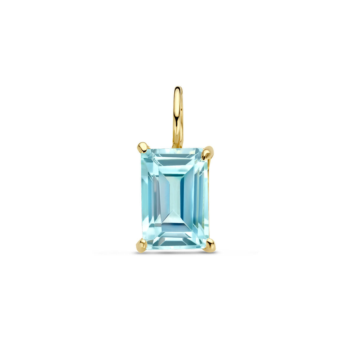 Ciondolo in oro giallo 14K con topazio blu a forma rettangolare.