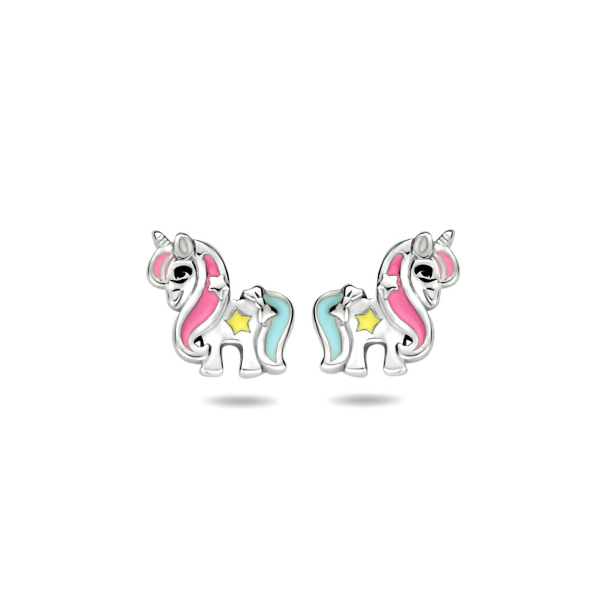 Orecchini a forma di unicorno in argento rodiato con dettagli rosa e azzurri.
