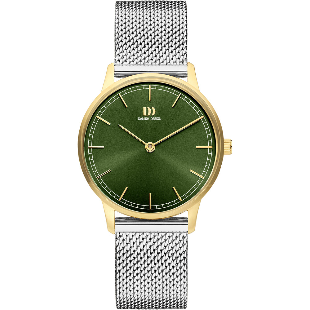 Orologio con quadrante verde, cassa dorata e cinturino in maglia d'acciaio.