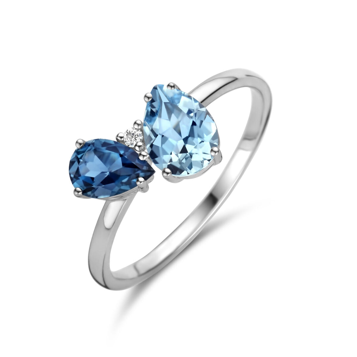 Anello trilogia in oro bianco 14K con topazi blu e diamante 0,01 ct.