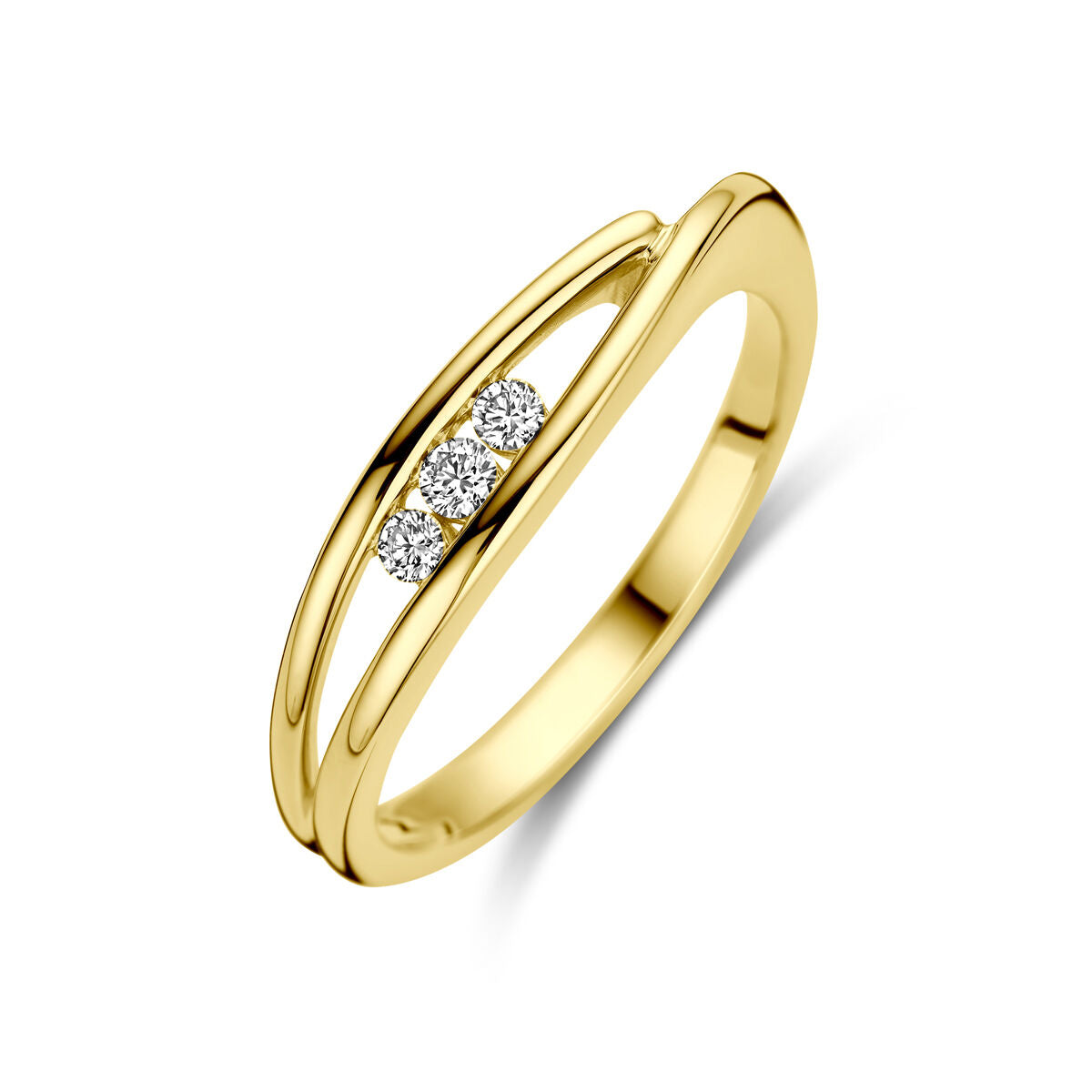 Anello trilogia in oro giallo 14K con tre diamanti da 0,10 ct H SI.