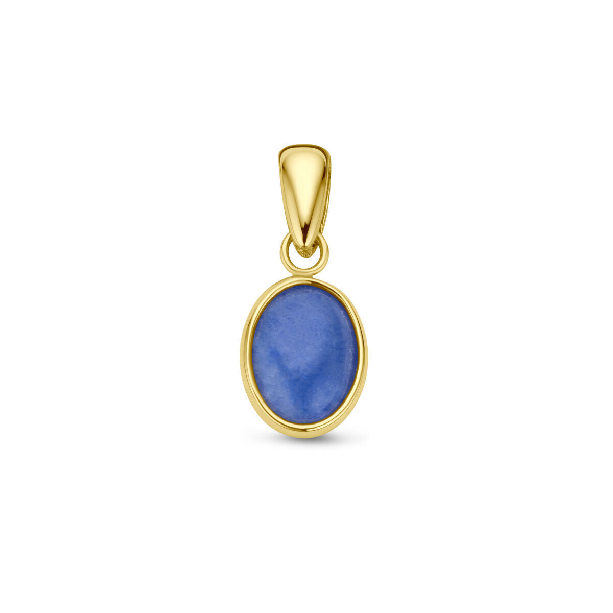 Hanger van blauw kwarts in een ovale vorm, gezet in 14K geelgoud.