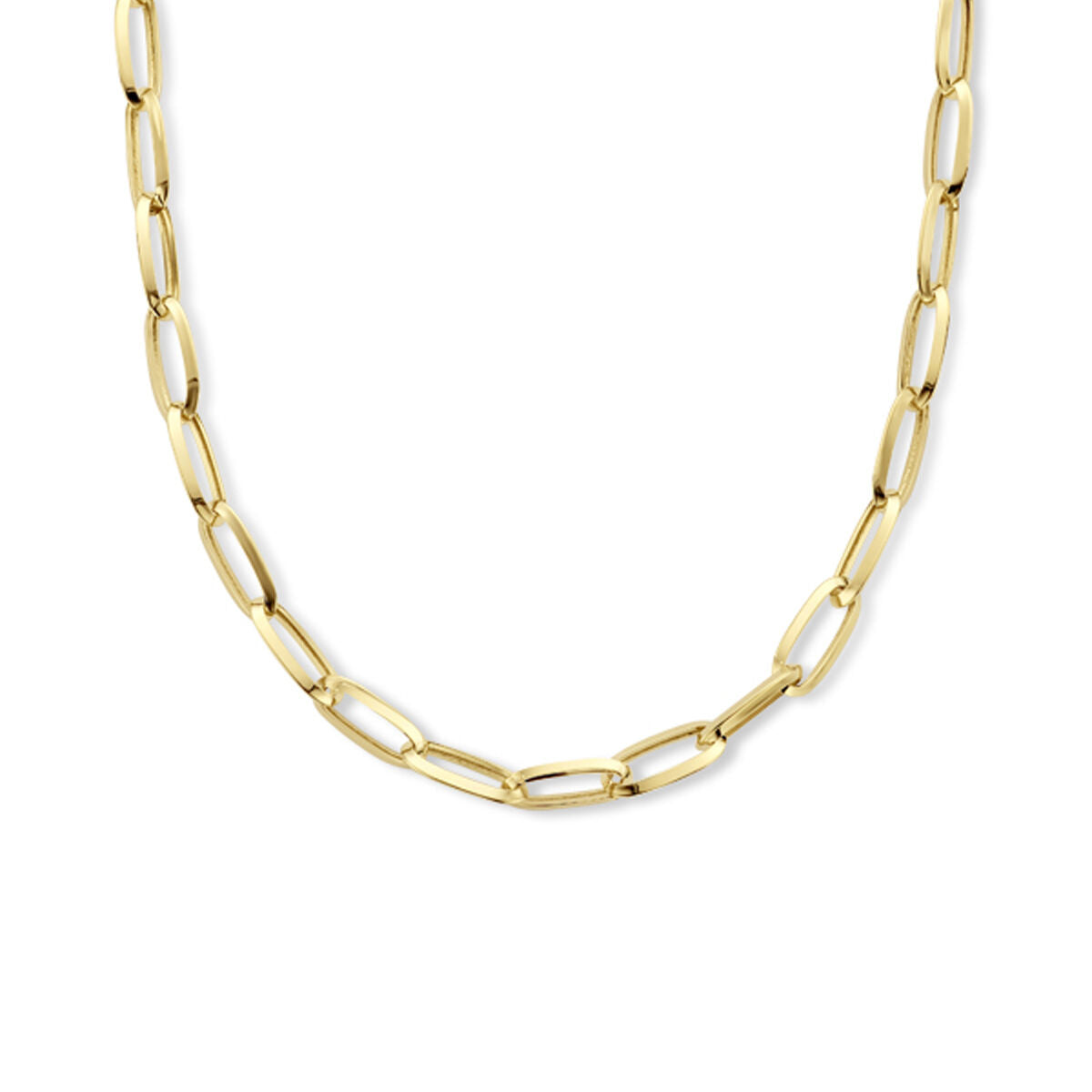 Collana in oro giallo 14K con maglie a forma di clip di carta, lunghezza 43 cm.