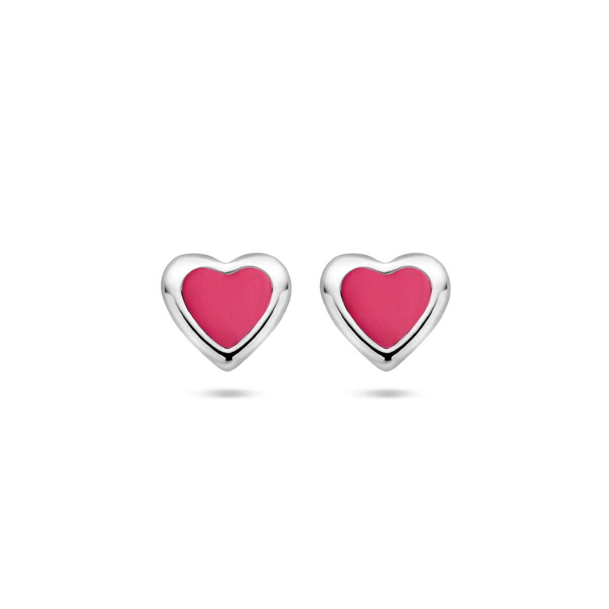 Orecchini a forma di cuore in argento rodiato con inserto rosa.
