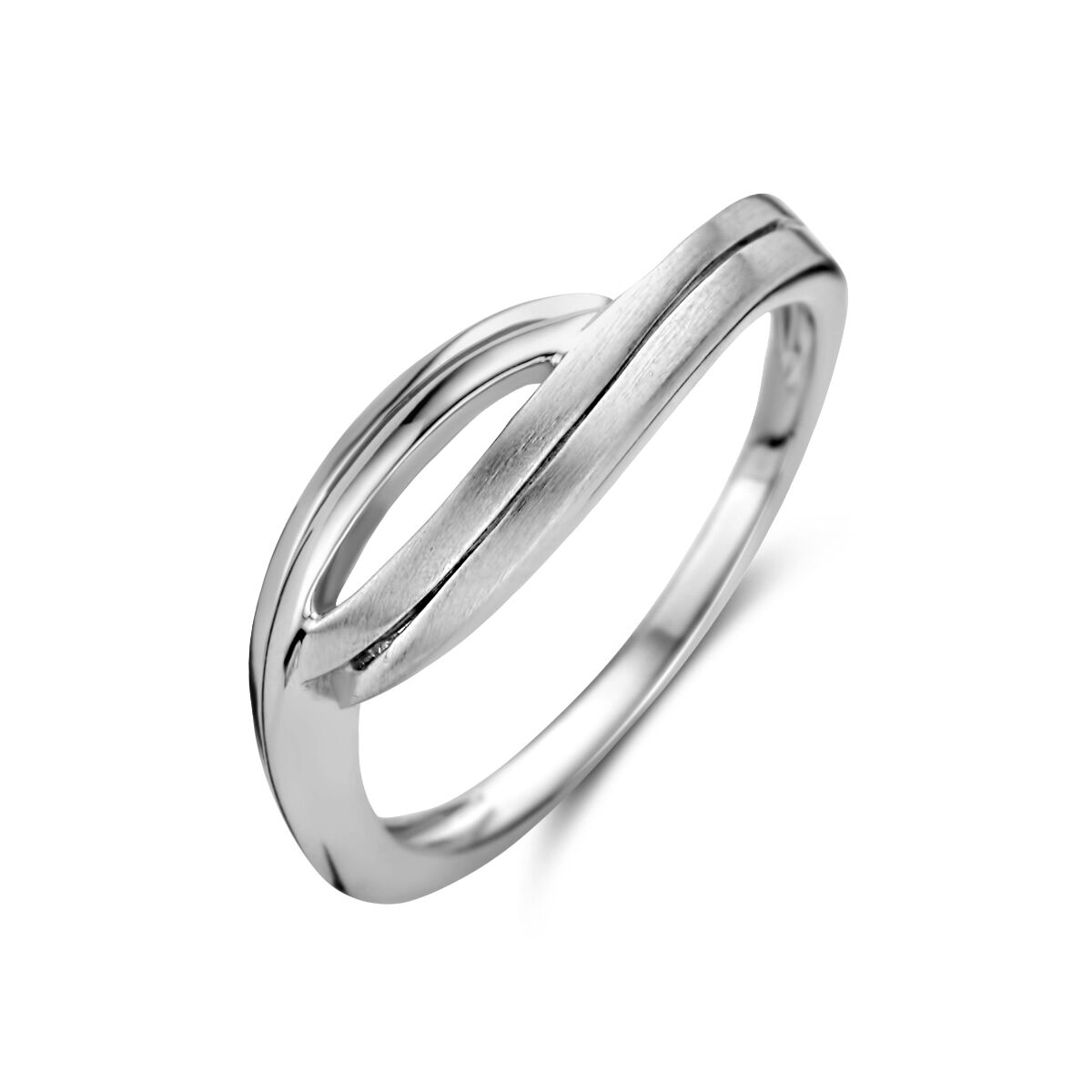 Anello in argento rodiato con finitura lucida e opaca, design ondulato.