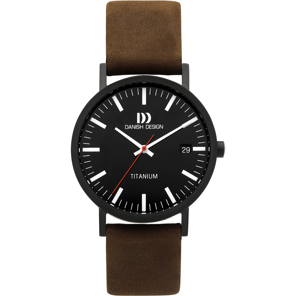 Orologio in titanio con quadrante nero, cinturino in pelle marrone e dettagli bianchi.