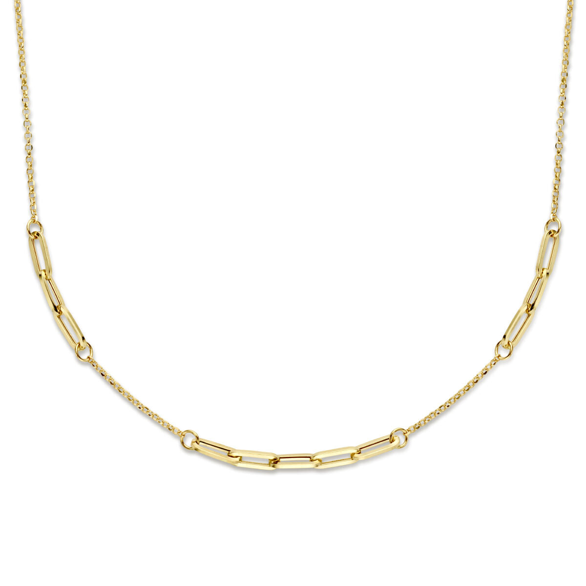 Collana in oro giallo 14K con maglia rolò e dettagli a forma di clip, lunghezza 42 + 2 cm.