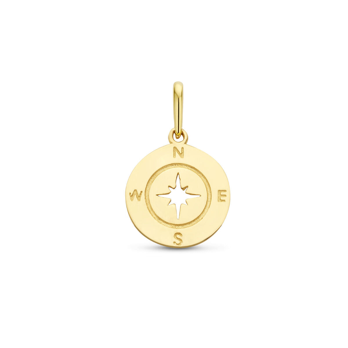 Ciondolo in oro giallo 14K a forma di bussola con incisioni N, S, E, O.