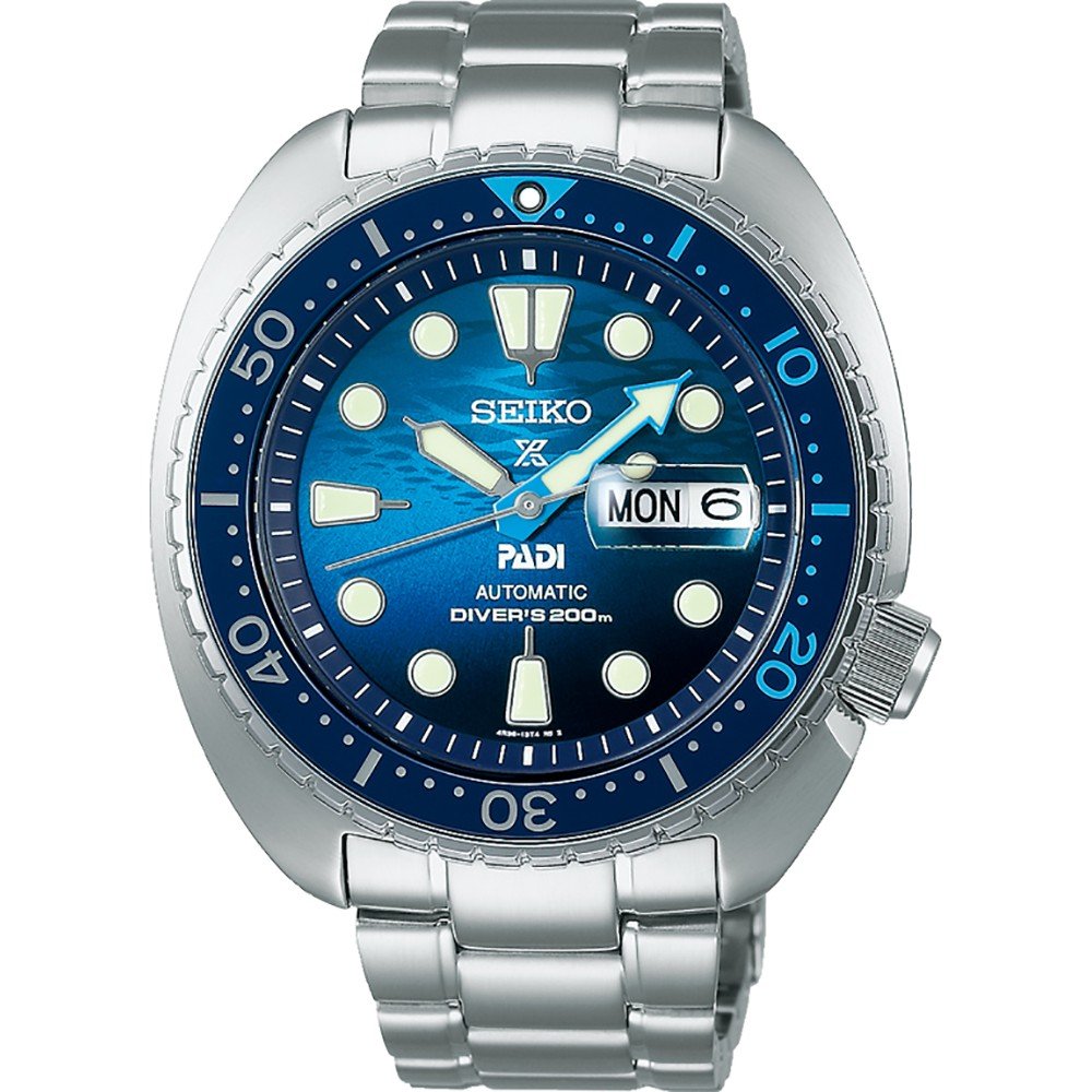 Orologio da uomo Seiko Prospex SRPK01K1 con cassa in acciaio, quadrante blu e bracciale in acciaio.