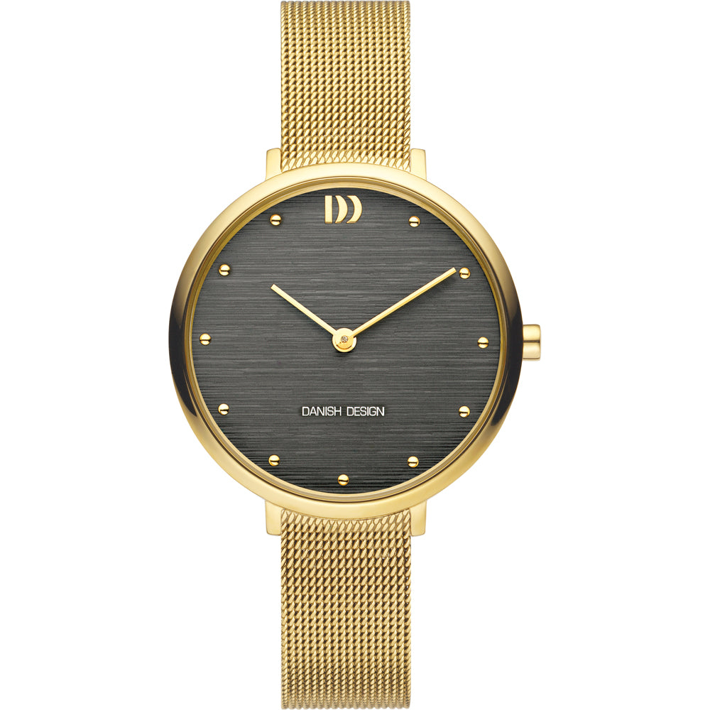 Orologio con cassa dorata e quadrante grigio, cinturino in maglia rolò dorata.