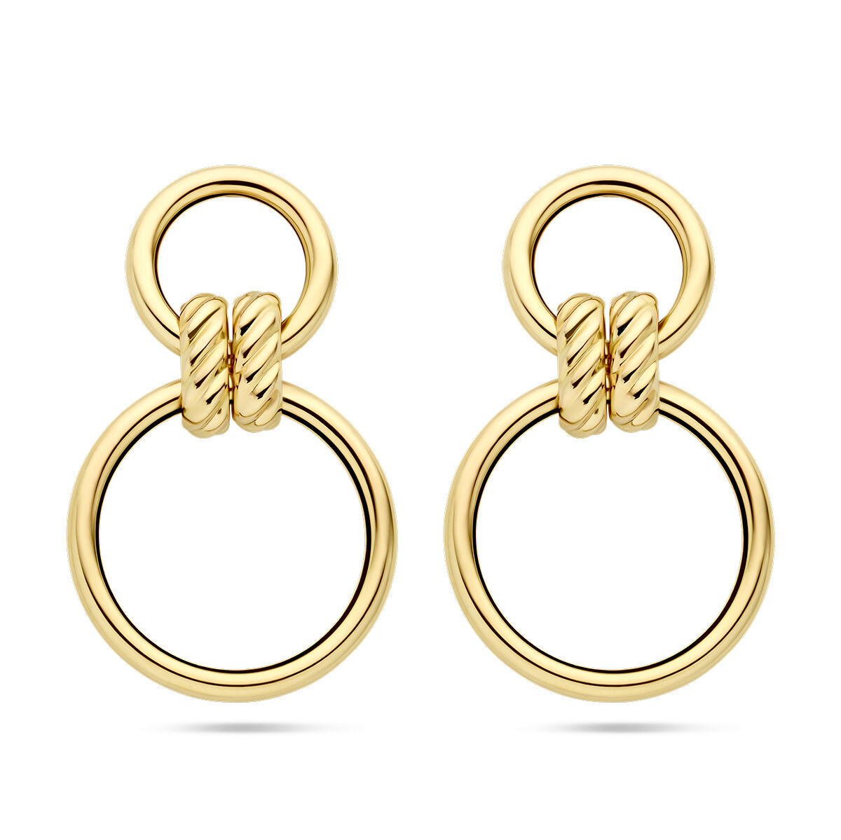 Orecchini in oro giallo 14K con design a cerchio e nodo intrecciato.