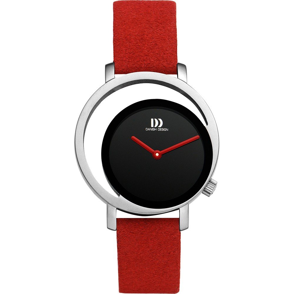 Orologio da donna con quadrante nero, cassa argentata e cinturino in pelle rossa.