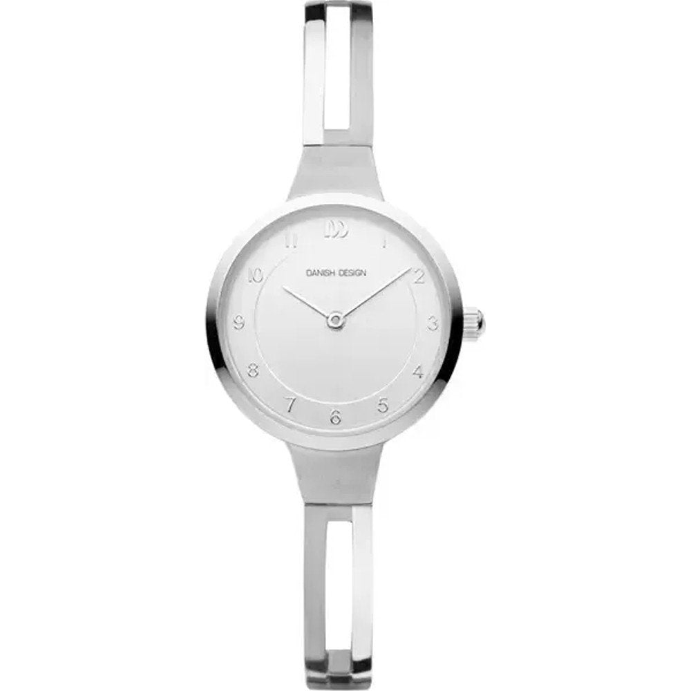 Orologio con quadrante bianco e cassa argentata, cinturino in acciaio lucido con dettagli aperti.