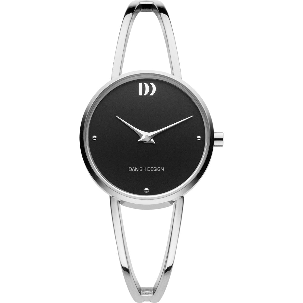Orologio con quadrante nero, cassa argentata e cinturino sottile in metallo.