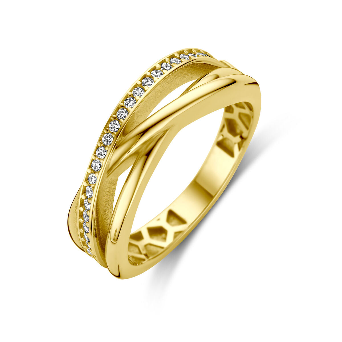 Anello in oro giallo 14K con zircone, design intrecciato e finitura lucida.