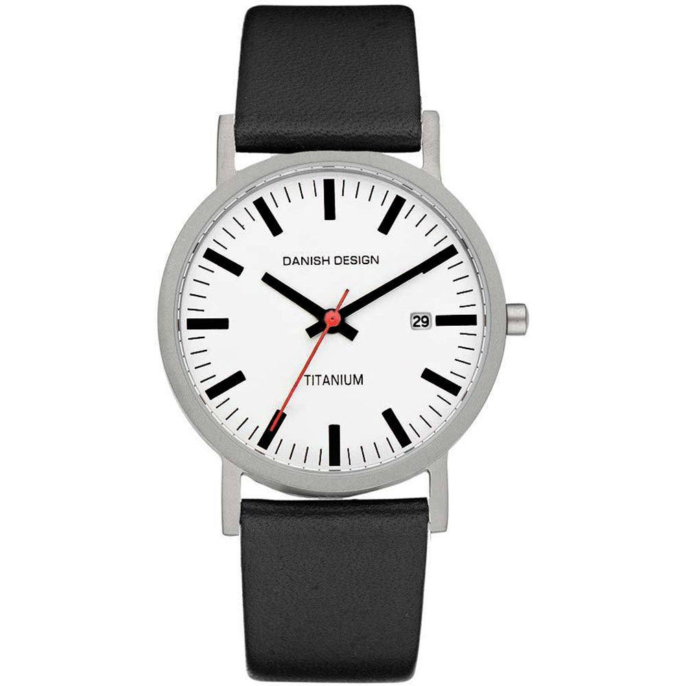 Orologio da uomo con cassa in titanio, quadrante bianco e cinturino in pelle nera.