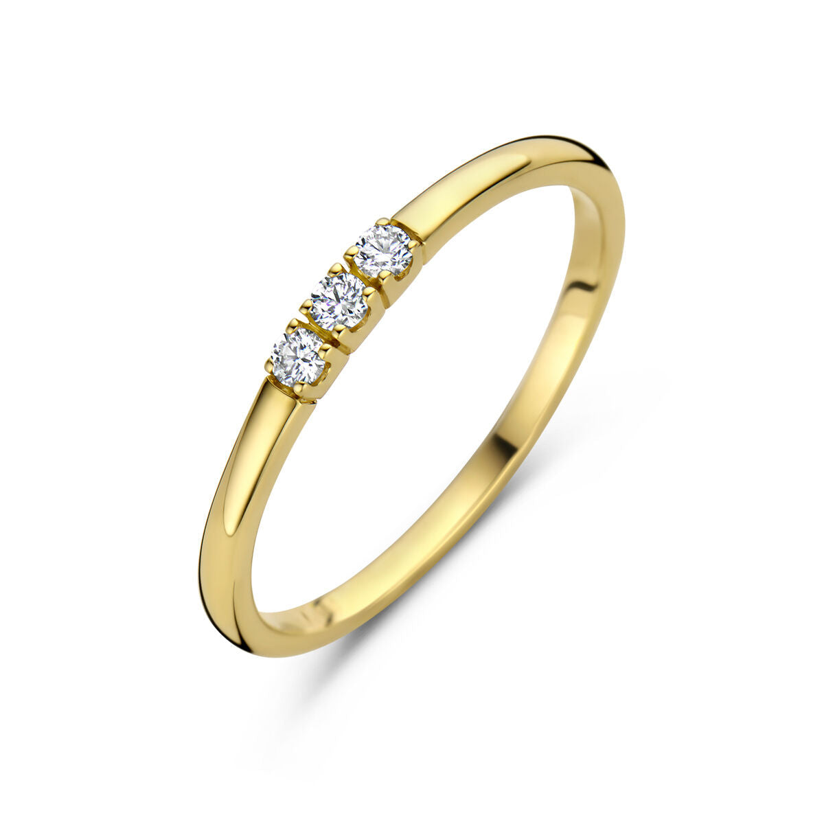 Anello in oro giallo 14K con tre diamanti da 0,09 ct, design trilogia.