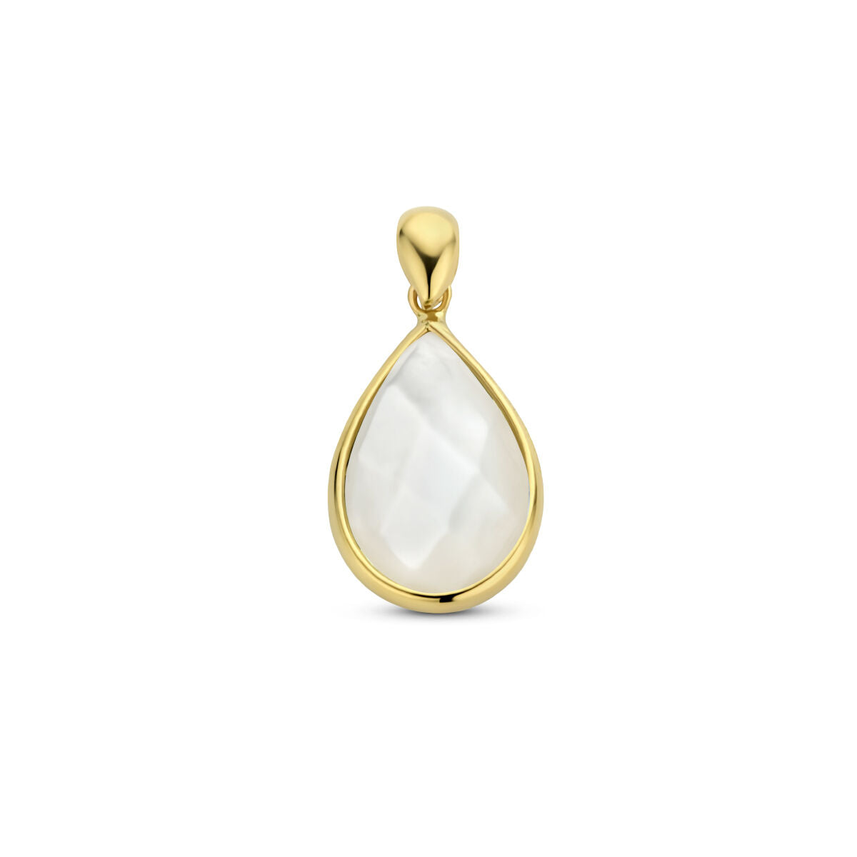 Ciondolo in oro giallo 14K con forma a goccia e superficie in madreperla.