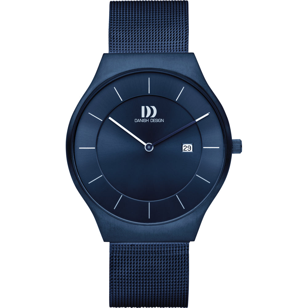 Orologio con quadrante blu e cinturino in maglia rolò blu, con data.