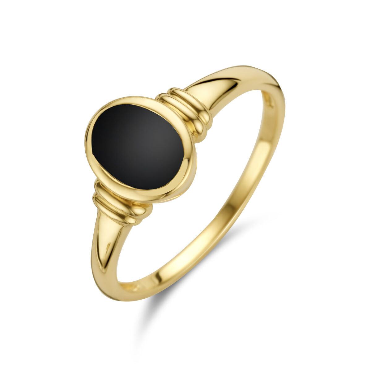 Anello in oro giallo 14K con pietra onice nera ovale.