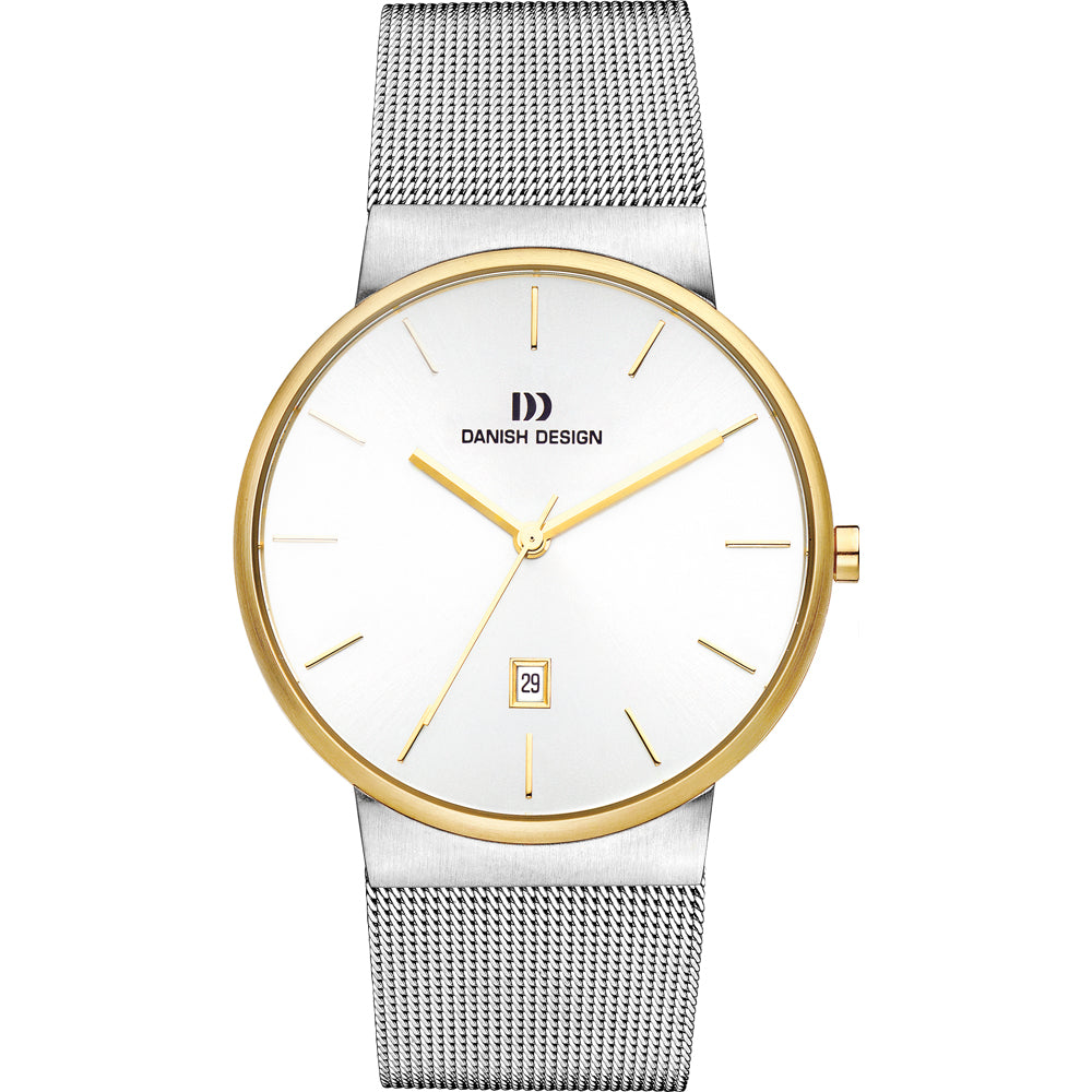 Orologio con quadrante bianco, cassa dorata e cinturino in maglia rolò argentata.